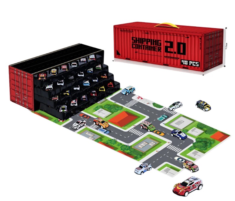 Set de masini cu 48 de piese cu cutie container si sina imprimata